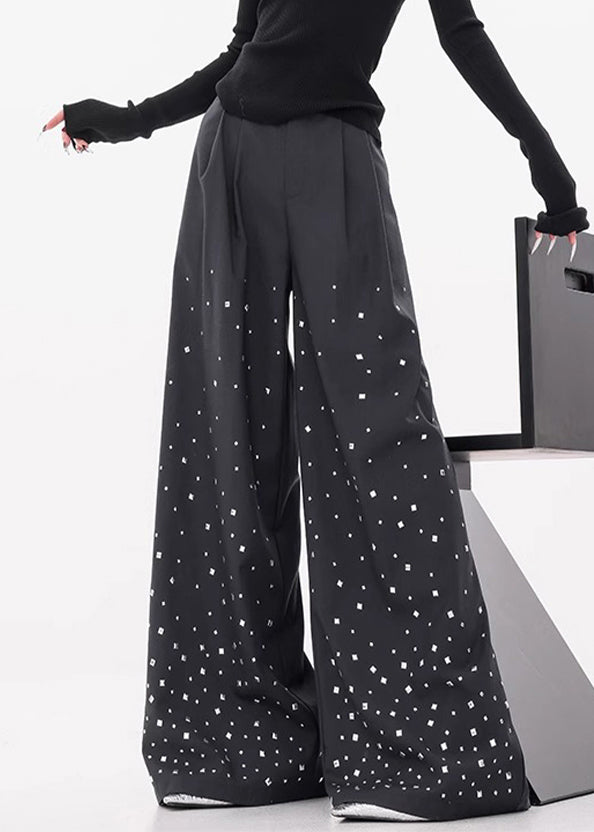 Stylish Dark Gray Zircon High Waist Spandex Wide Leg Pants Fall
