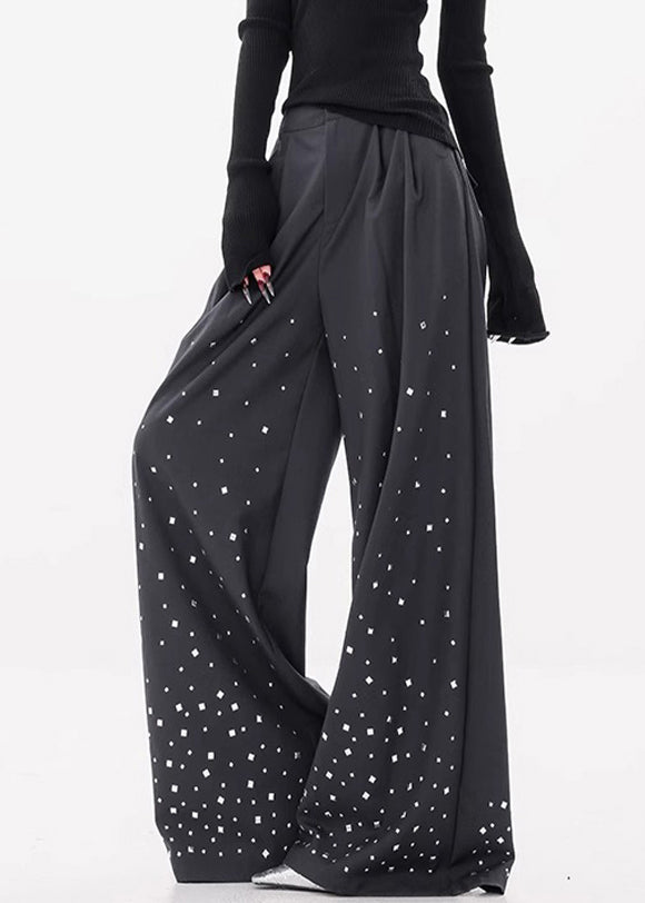 Stylish Dark Gray Zircon High Waist Spandex Wide Leg Pants Fall