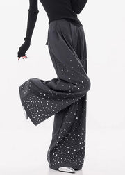Stylish Dark Gray Zircon High Waist Spandex Wide Leg Pants Fall