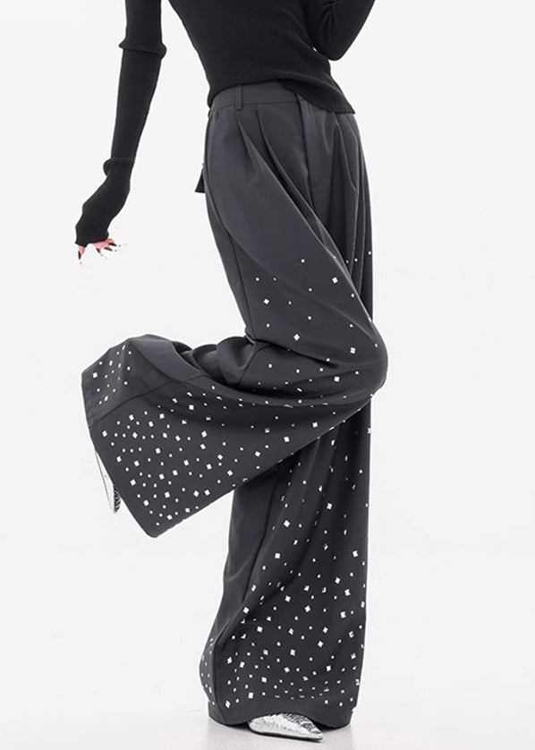 Stylish Dark Gray Zircon High Waist Spandex Wide Leg Pants Fall