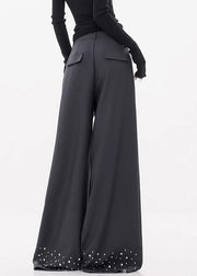 Stylish Dark Gray Zircon High Waist Spandex Wide Leg Pants Fall