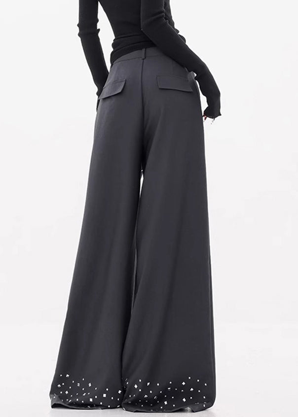 Stylish Dark Gray Zircon High Waist Spandex Wide Leg Pants Fall