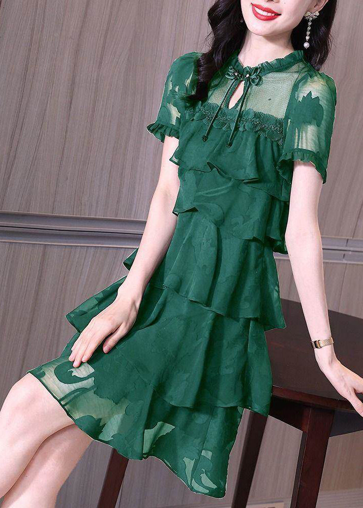 Stylish Dark Green Ruffled Patchwork Chiffon Dress Summer