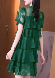 Stylish Dark Green Ruffled Patchwork Chiffon Dress Summer
