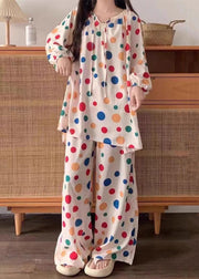 Stylish Dot Lace Up Cotton Tops And Pants Pajamas Two Pieces Set Fall
