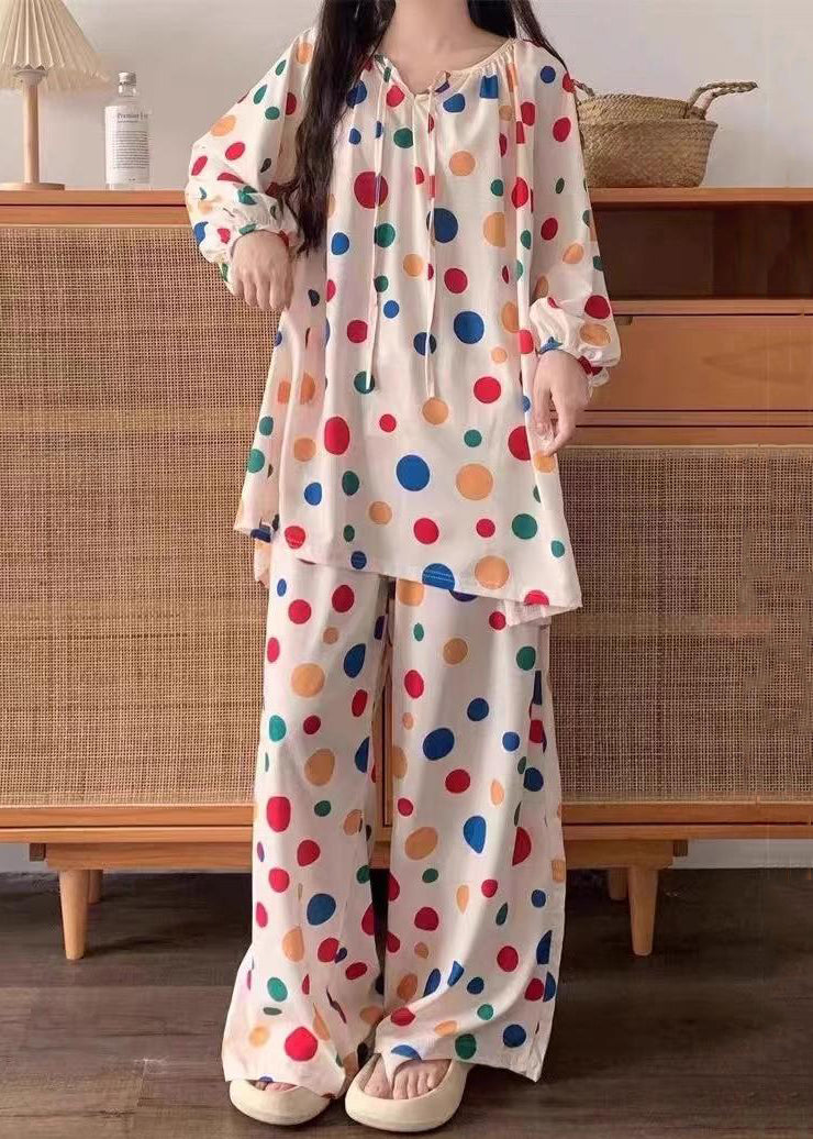 Stylish Dot Lace Up Cotton Tops And Pants Pajamas Two Pieces Set Fall