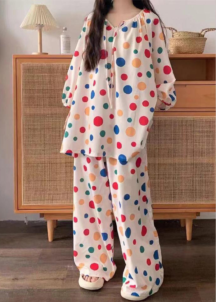 Stylish Dot Lace Up Cotton Tops And Pants Pajamas Two Pieces Set Fall