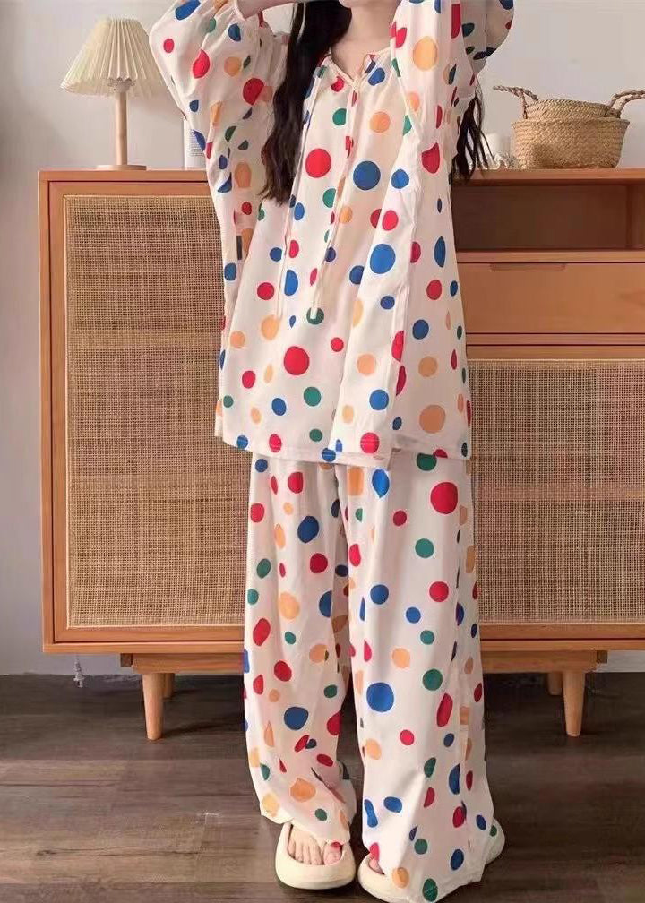 Stylish Dot Lace Up Cotton Tops And Pants Pajamas Two Pieces Set Fall