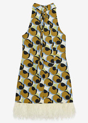 Stylish Geometric Print Tassel Patchwork Cotton Mid Dress Sleeveless
