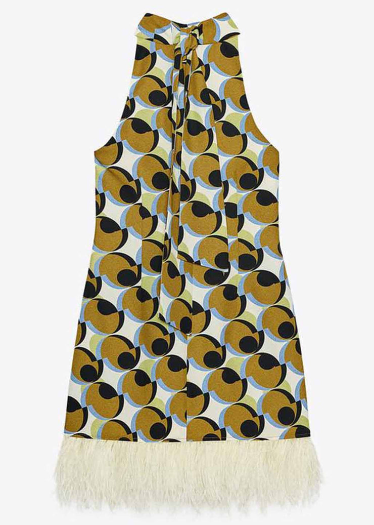 Stylish Geometric Print Tassel Patchwork Cotton Mid Dress Sleeveless
