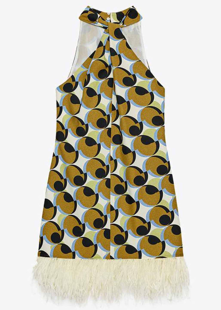 Stylish Geometric Print Tassel Patchwork Cotton Mid Dress Sleeveless