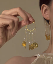 Stylish Gold Copper Alloy Pearl Circle Tassel Hoop Earrings