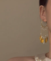 Stylish Gold Copper Alloy Pearl Circle Tassel Hoop Earrings
