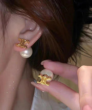 Stylish Gold Copper Alloy Pearl Stud Earrings