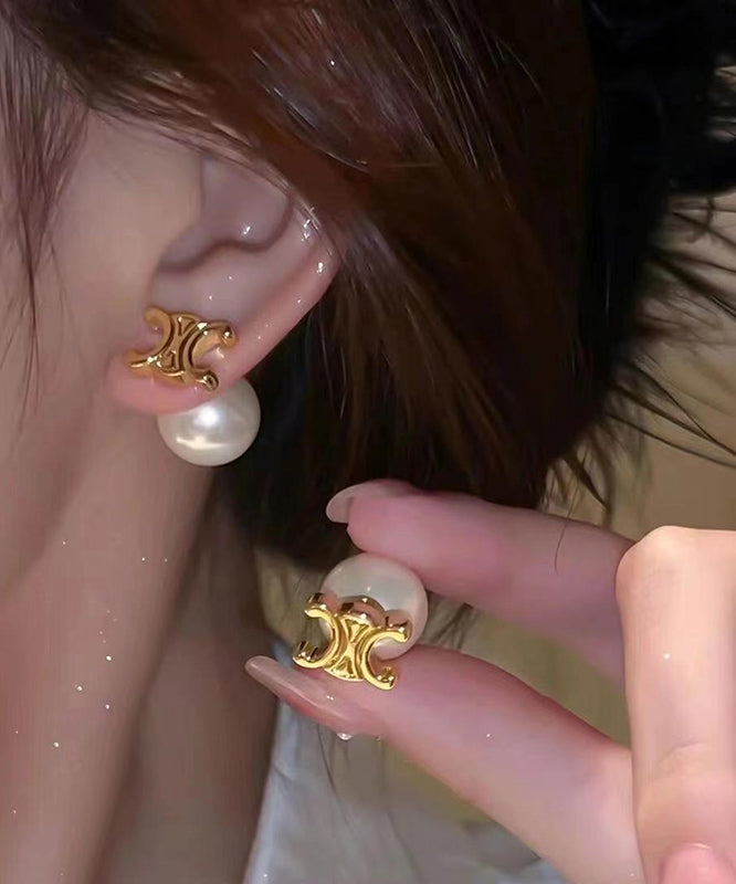 Stylish Gold Copper Alloy Pearl Stud Earrings