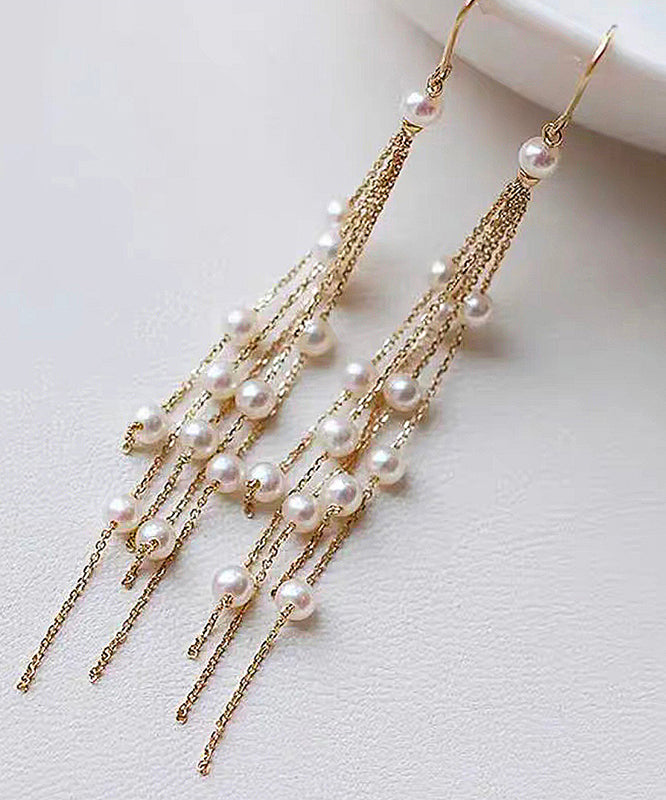 Stylish Gold Copper Alloy Pearl Tassel Drop Earrings