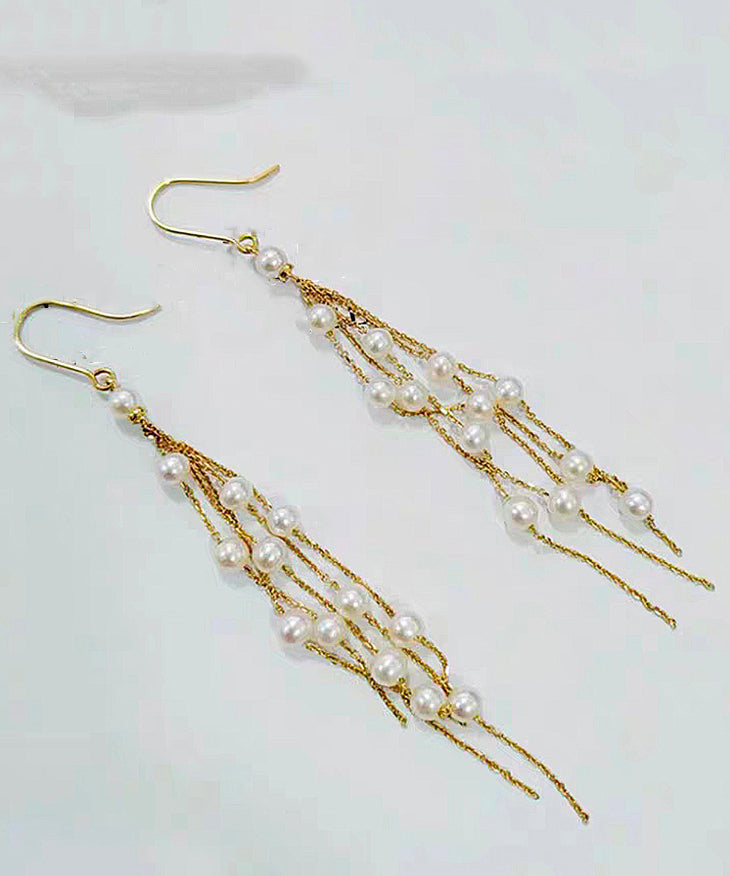 Stylish Gold Copper Alloy Pearl Tassel Drop Earrings