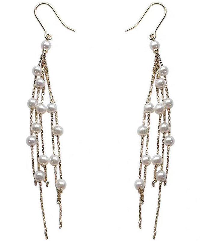 Stylish Gold Copper Alloy Pearl Tassel Drop Earrings