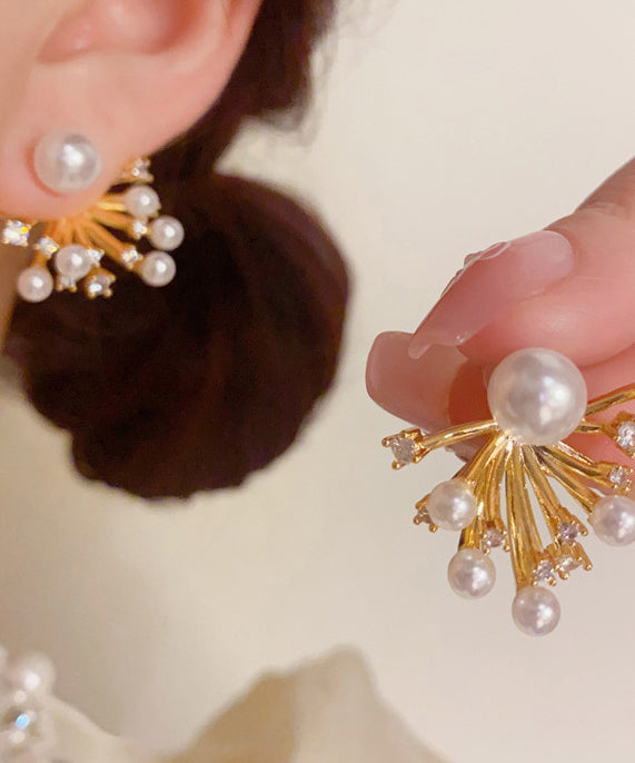 Stylish Gold Copper Alloy Zircon Pearl Fireworks Stud Earrings