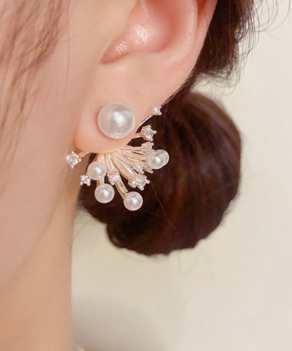 Stylish Gold Copper Alloy Zircon Pearl Fireworks Stud Earrings