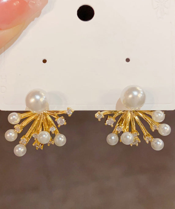 Stylish Gold Copper Alloy Zircon Pearl Fireworks Stud Earrings