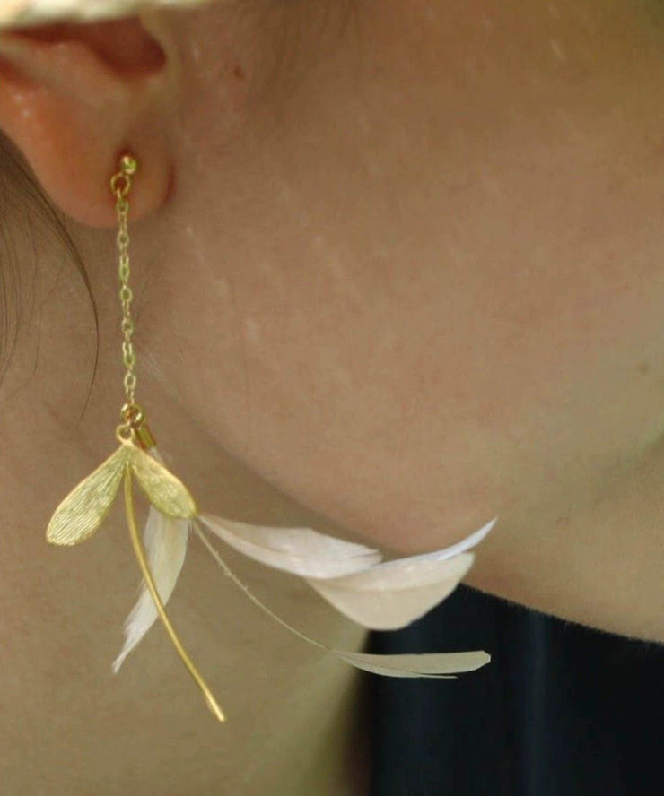 Stylish Gold Copper Overgild Feather Drop Earrings