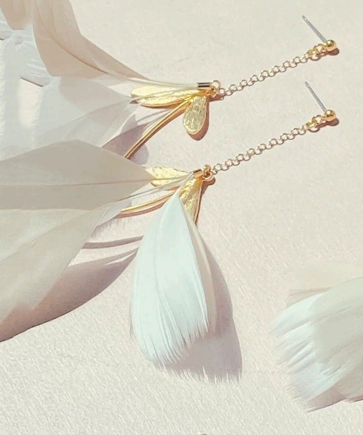 Stylish Gold Copper Overgild Feather Drop Earrings