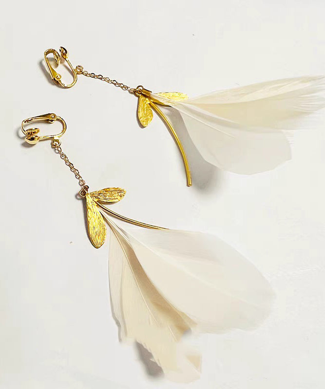 Stylish Gold Copper Overgild Feather Drop Earrings