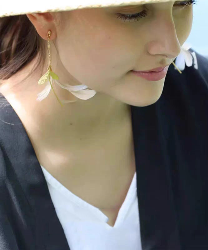 Stylish Gold Copper Overgild Feather Drop Earrings