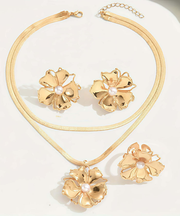 Stylish Gold Copper Overgild Pearl Floral Pendant Necklace, Rings And Stud Earrings Three-Piece Set