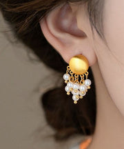 Stylish Gold Copper Overgild Pearl Tassel Drop Earrings