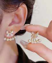 Stylish Gold Copper Overgild Zircon Bow Pearl Stud Earrings