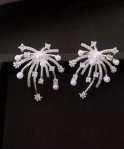 Stylish Gold Copper Overgild Zircon Fireworks Pearl Stud Earrings