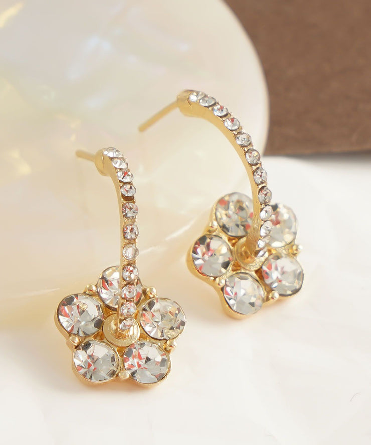 Stylish Gold Copper Overgild Zircon Floral Stud Earrings