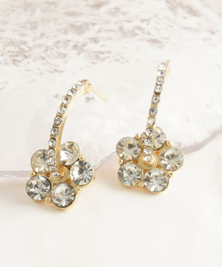 Stylish Gold Copper Overgild Zircon Floral Stud Earrings