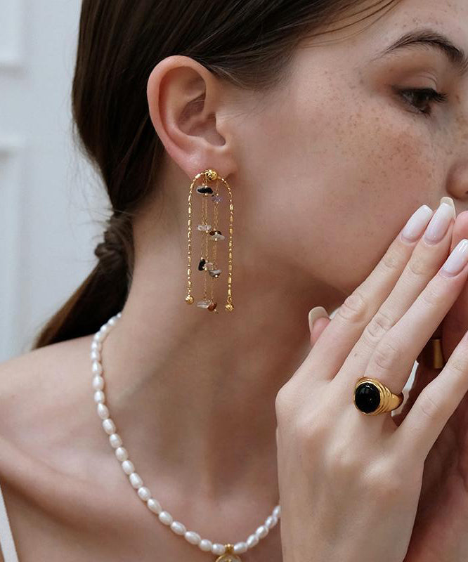 Stylish Gold Copper Rainbow Stone Tassel Drop Earrings