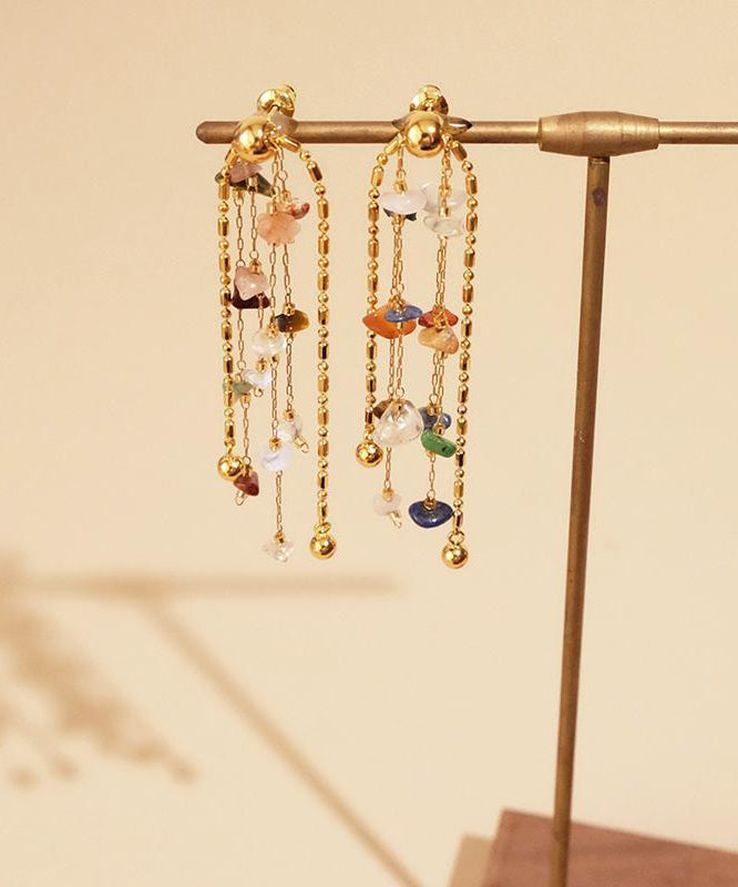 Stylish Gold Copper Rainbow Stone Tassel Drop Earrings