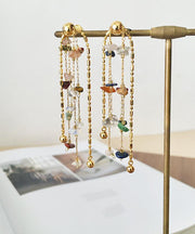 Stylish Gold Copper Rainbow Stone Tassel Drop Earrings