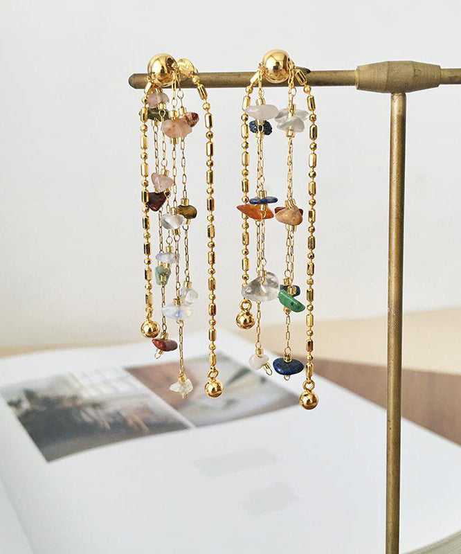 Stylish Gold Copper Rainbow Stone Tassel Drop Earrings