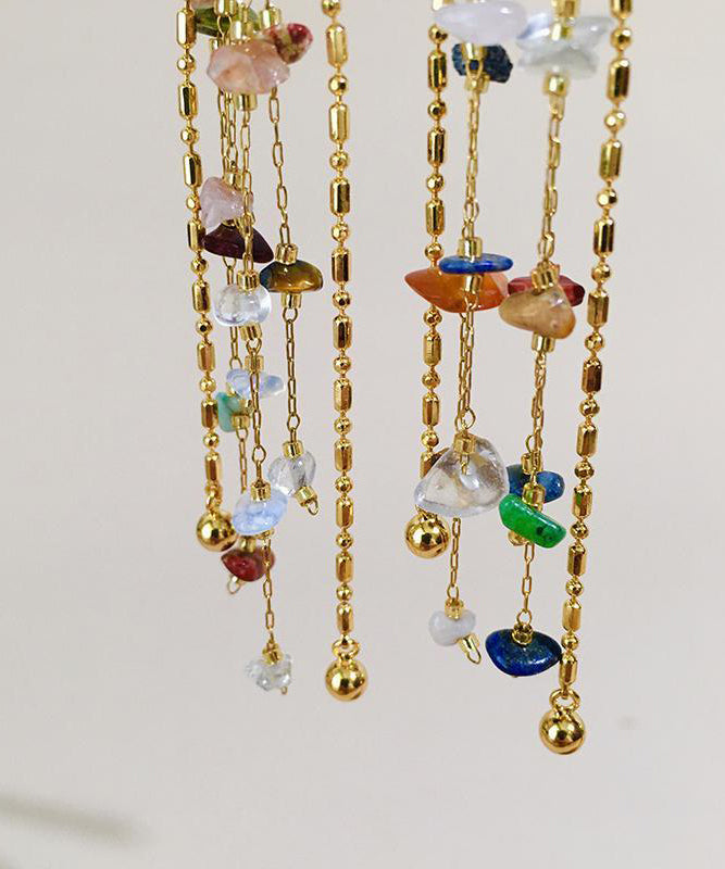 Stylish Gold Copper Rainbow Stone Tassel Drop Earrings