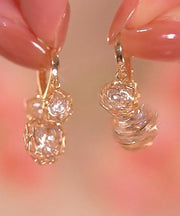 Stylish Gold Copper Zircon Hollow Out Rose Hoop Earrings