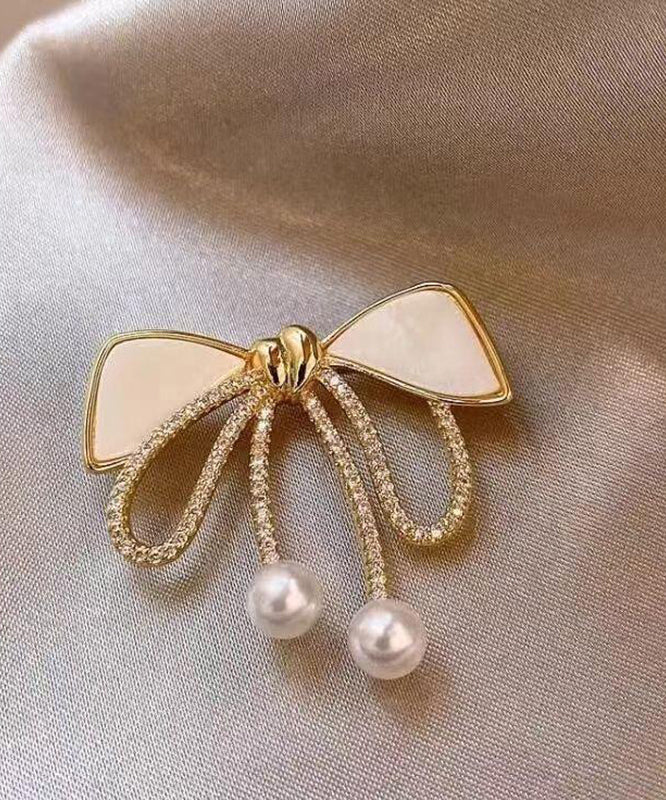Stylish Gold Copper Zircon Pearl Bow Brooches