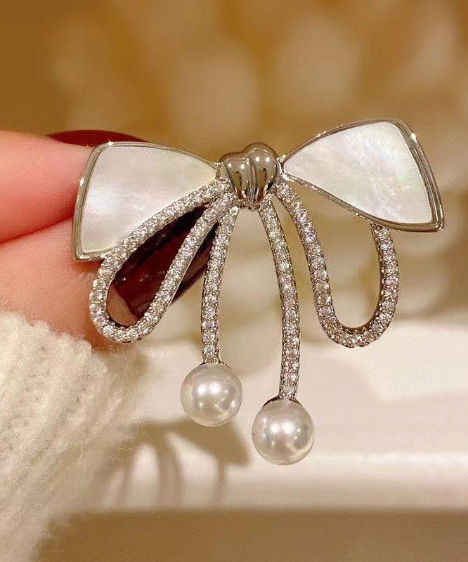 Stylish Gold Copper Zircon Pearl Bow Brooches