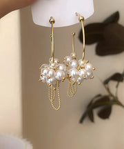 Stylish Gold Metal Overgild Pearl Tassel Hoop Earrings