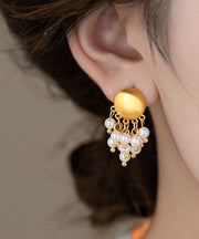 Stylish Gold Metal Overgild PearlTassel Drop Earrings