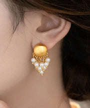 Stylish Gold Metal Overgild PearlTassel Drop Earrings