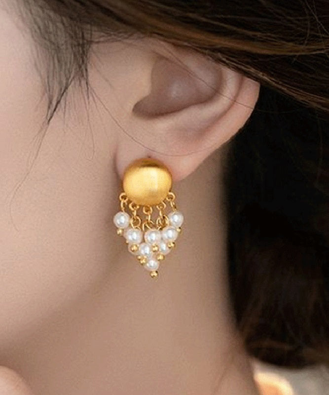 Stylish Gold Metal Overgild PearlTassel Drop Earrings
