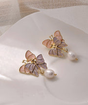 Stylish Gold Sterling Silver Alloy Pearl Butterfly Drop Glaze Drop Earrings