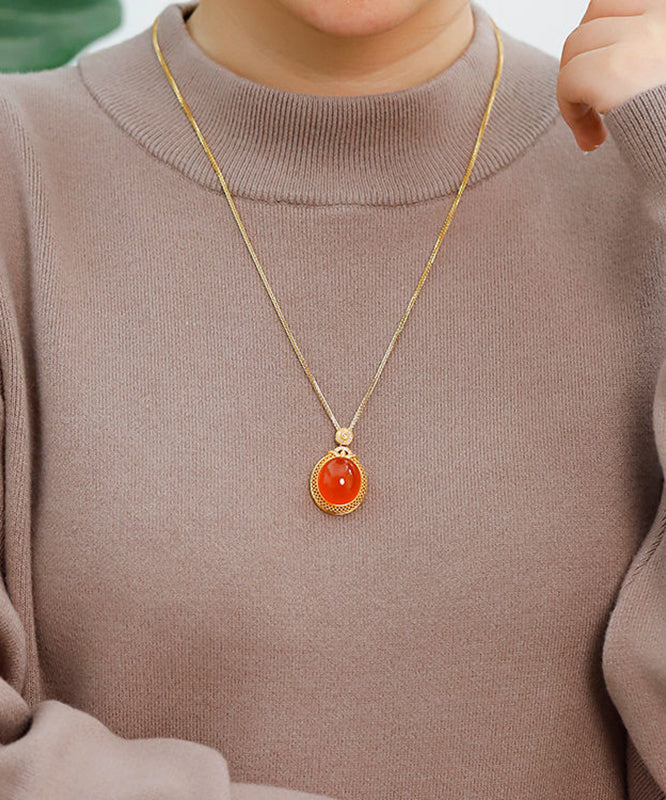 Stylish Gold Sterling Silver Overgid Inlay Agade Pendant Necklace