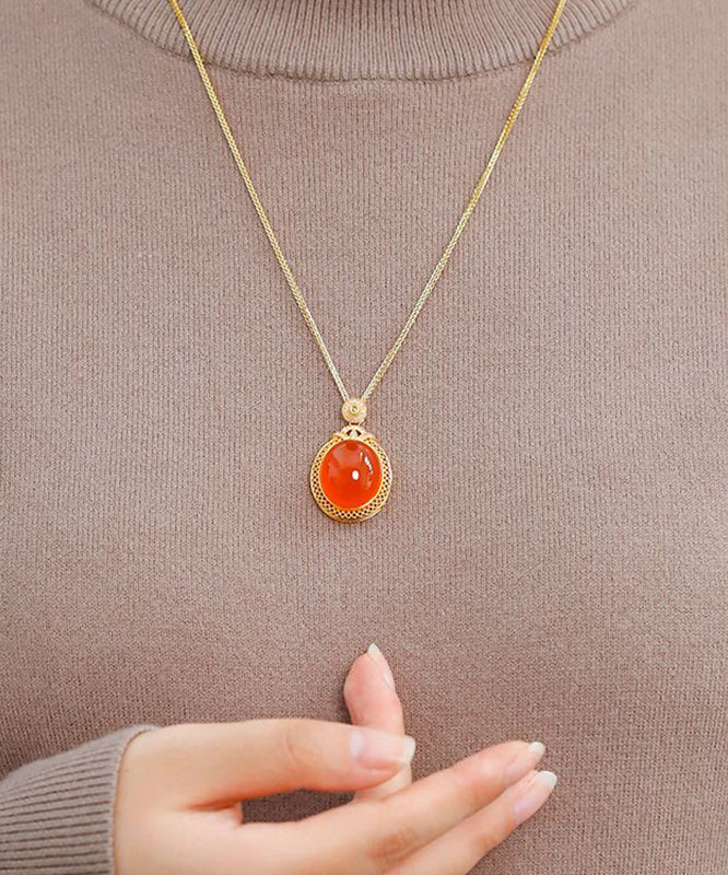 Stylish Gold Sterling Silver Overgid Inlay Agade Pendant Necklace